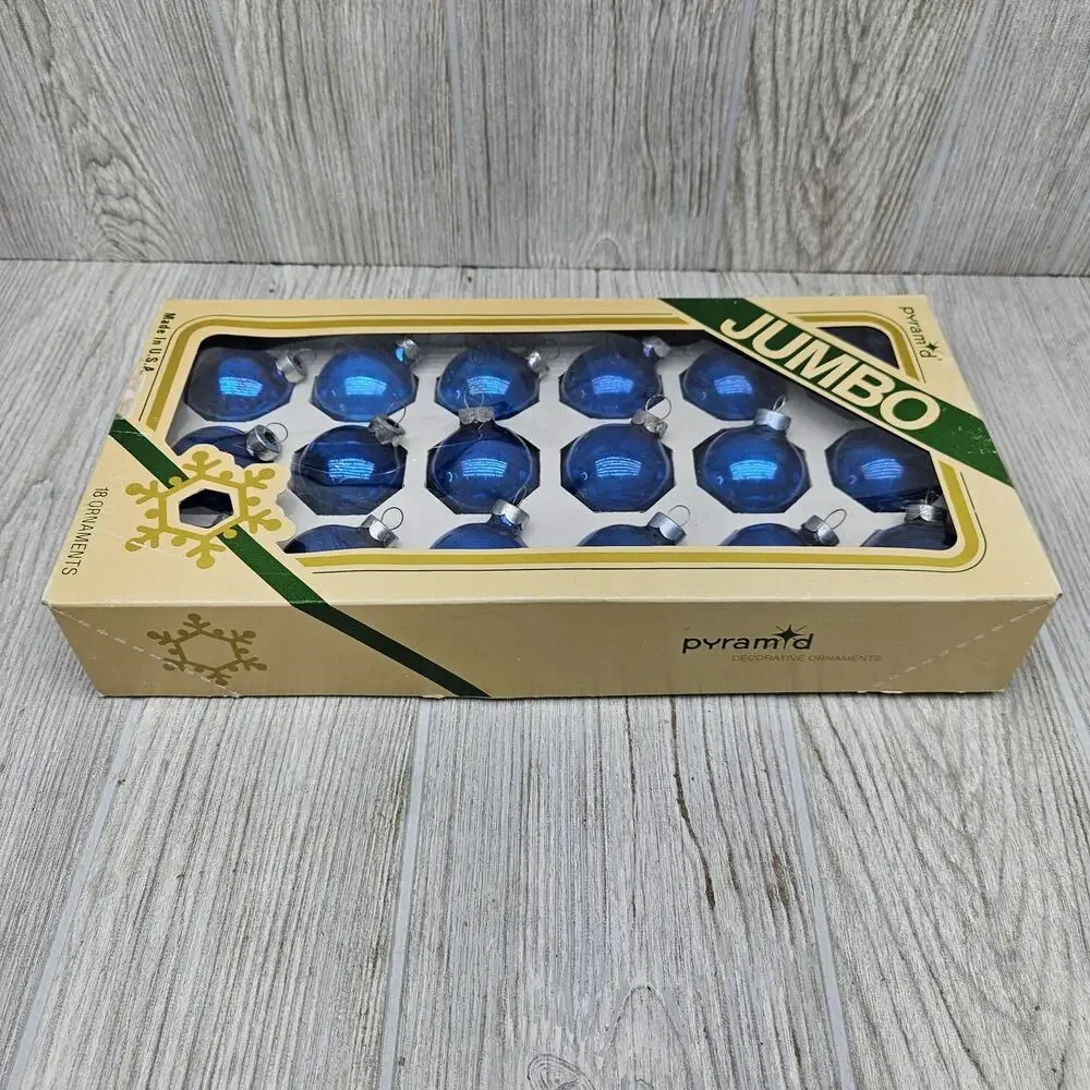 Vintage Pyramid Jumbo Blue‎ Glass Christmas Ornaments Set 18 USA Box Tree Decor